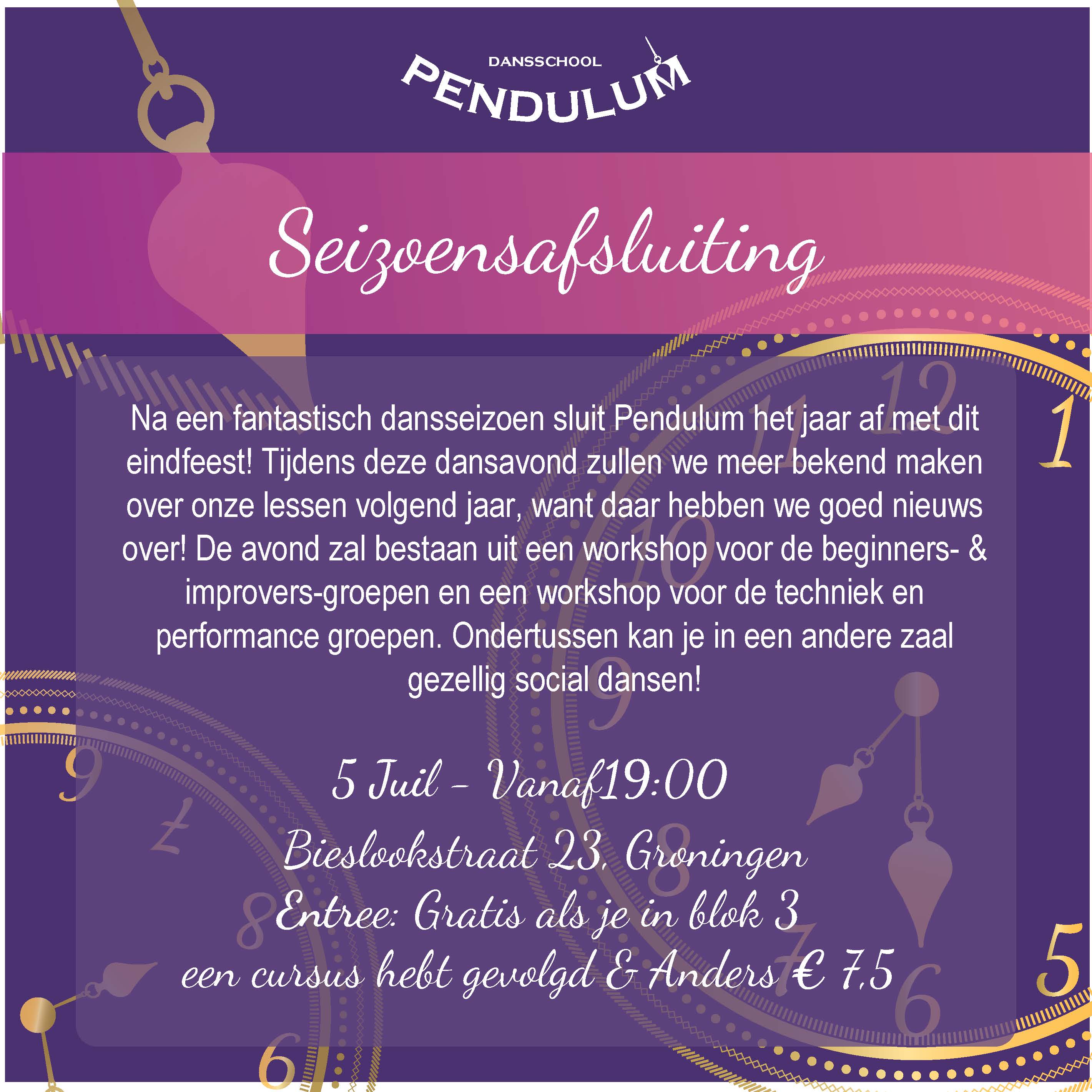 Pendulum poster - Seizoensafsluiting 05 jul. 2024 19:00 - 23:00