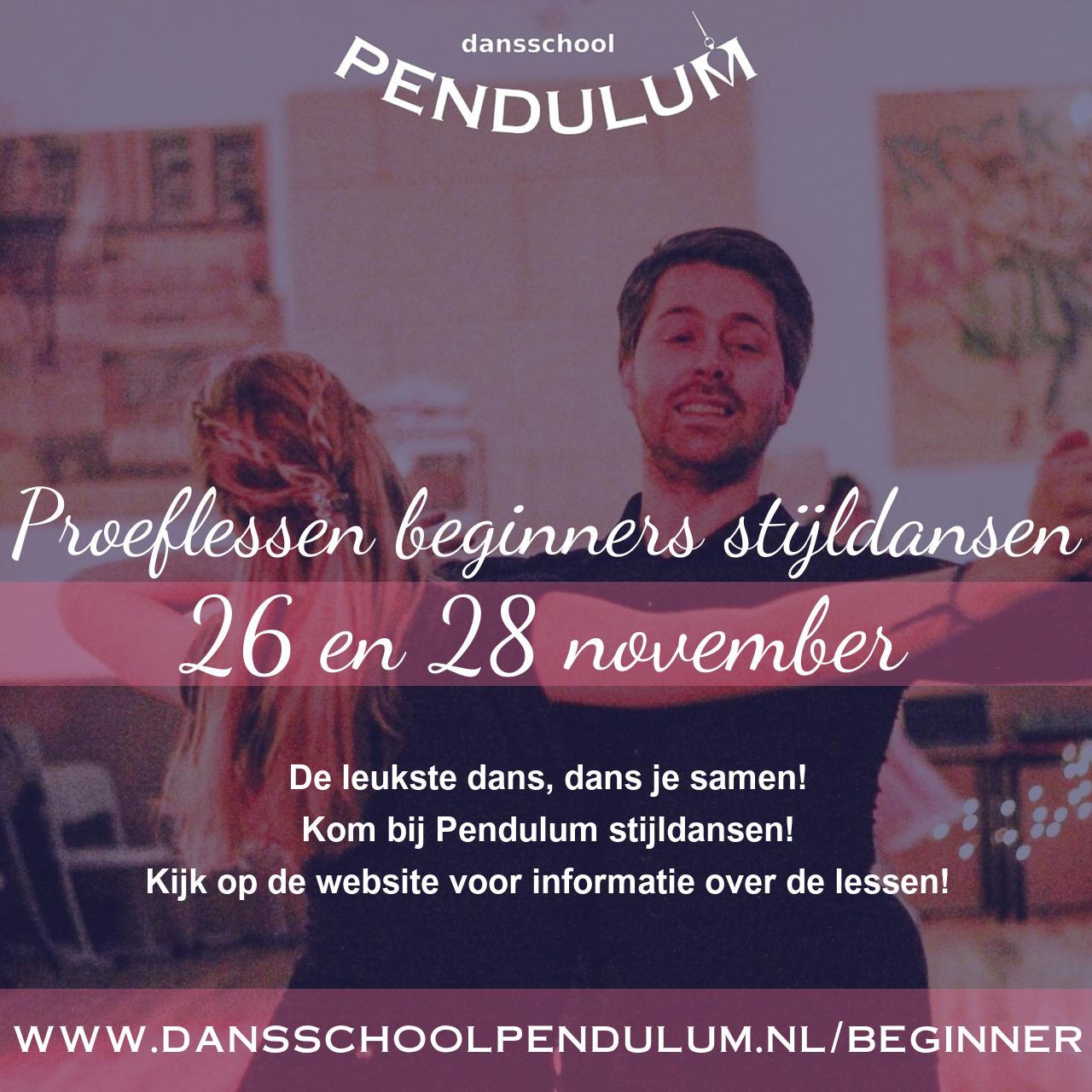 Pendulum poster - Proeflessen stijldansen beginners 26 en 28 november  26 nov. 2025 20:30 - 28-nov. 19:50
